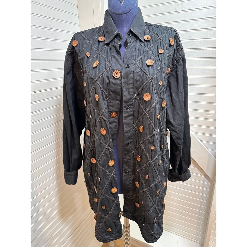 Women's Vintage Jacket Medium Black Denim ‎ Yak Magic Quilted Patchwork Top